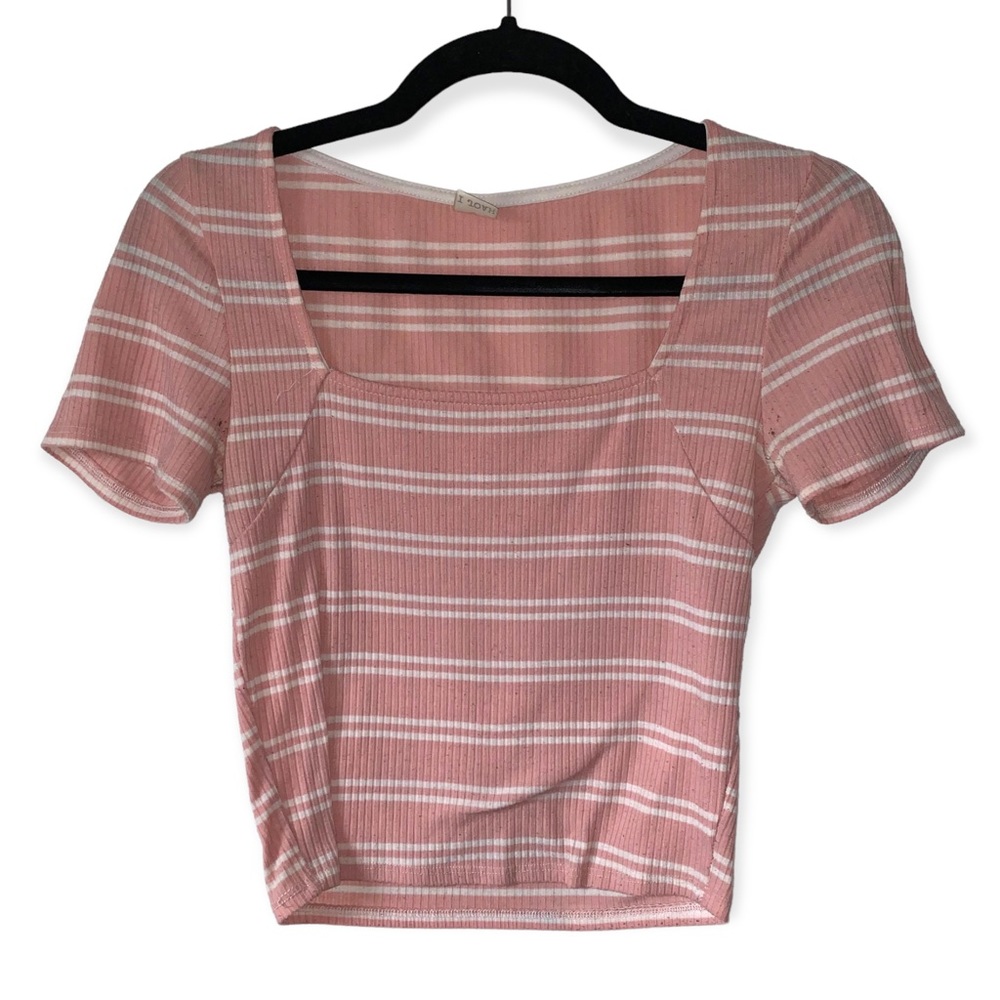 Squareneck shortsleeve ribbed cropped pink white striped blouse top shirt S